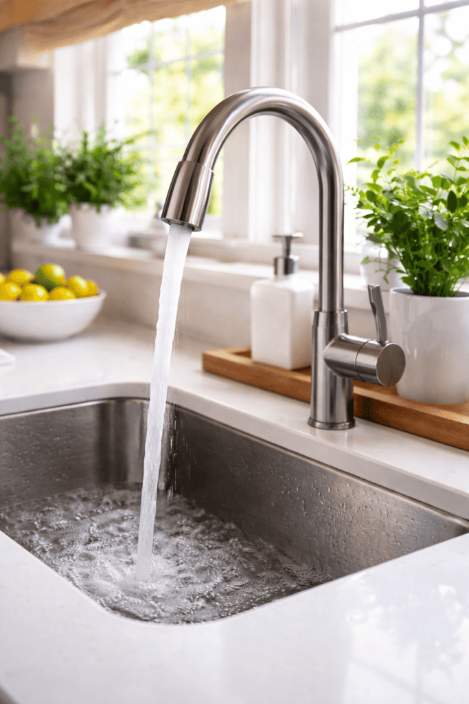 Fresh, clear water flowing from a kitchen faucet after plumbing service