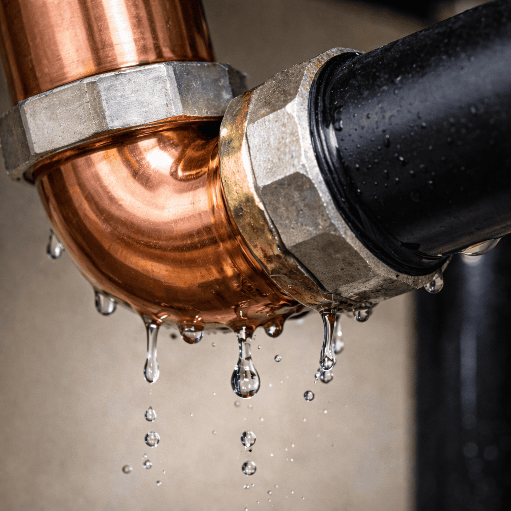 Close-up of corroded pipe joint with water droplets forming