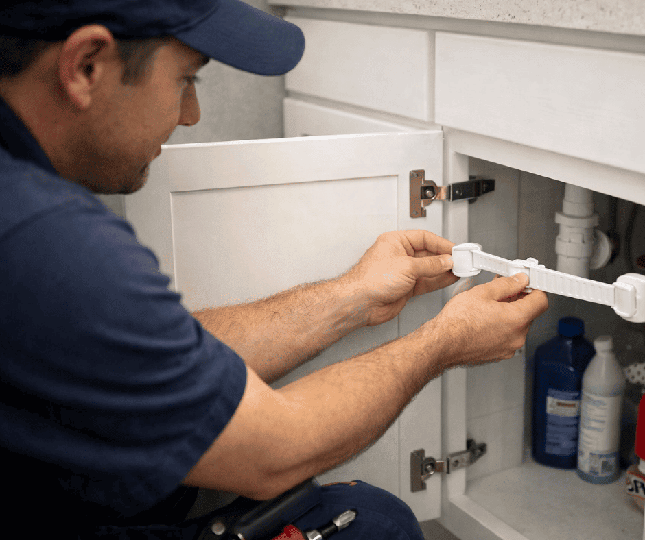 Plumber installing a childproof safety lock on a bathroom sink cabinet containing plumbing and cleaning supplies.