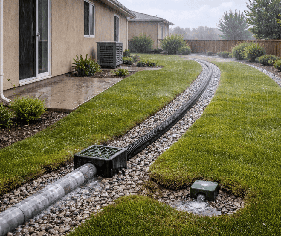 Residential yard drainage system directing stormwater away from home foundation