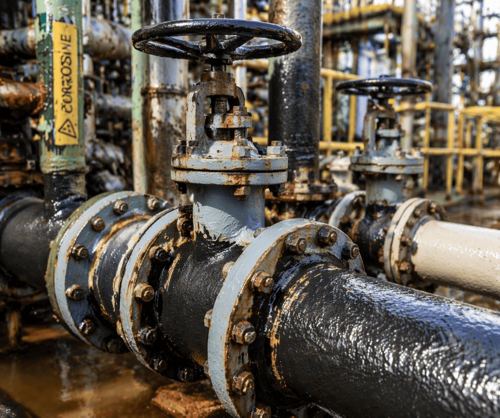 Close-up of a rusted industrial pipeline with a large wheel-style valve and flanged connections in a dense network of pipes.