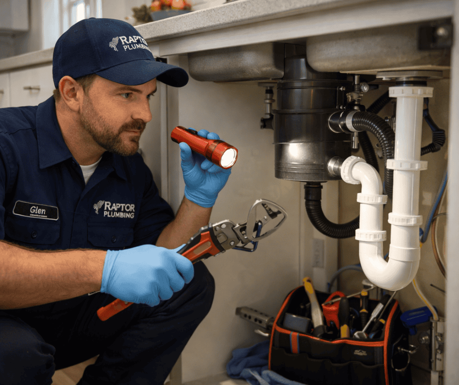 Residential plumber inspecting kitchen sink drainage system with flashlight and wrench, checking pipes and connections inside a clean cabinet space