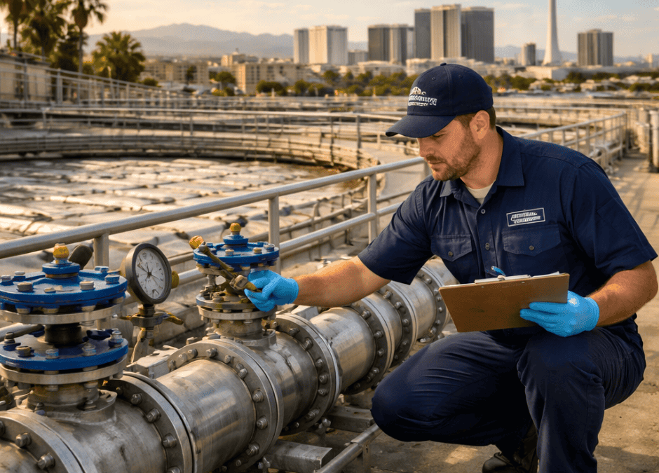 Technician inspecting wastewater pipes at a treatment facility with a city skyline in the background, checking valves and pressure gauges while holding a clipboard in natural daylight