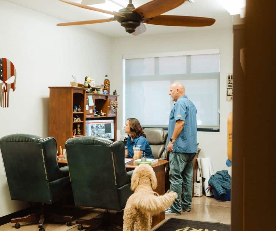Office team reviewing plans at a desk while a dog stands nearby, with shelves, chairs, and workspace items visible in a professional indoor setting.