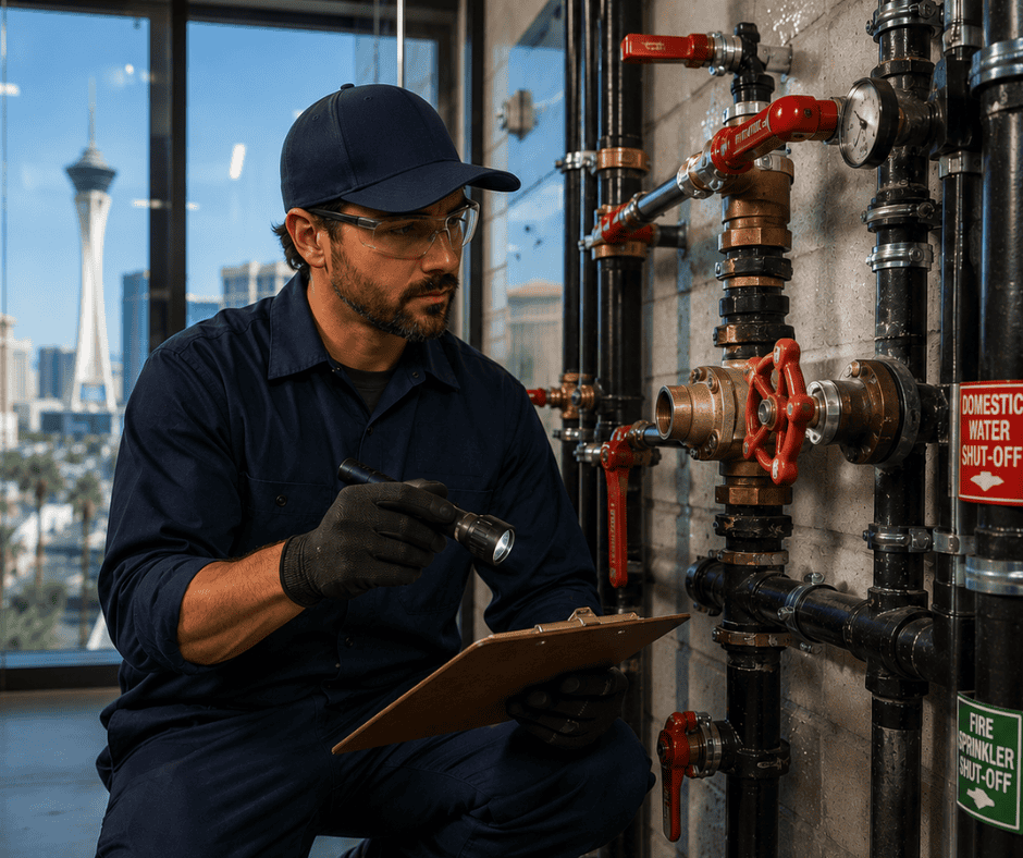 Professional plumber inspecting commercial plumbing shut-off systems inside a Las Vegas office building