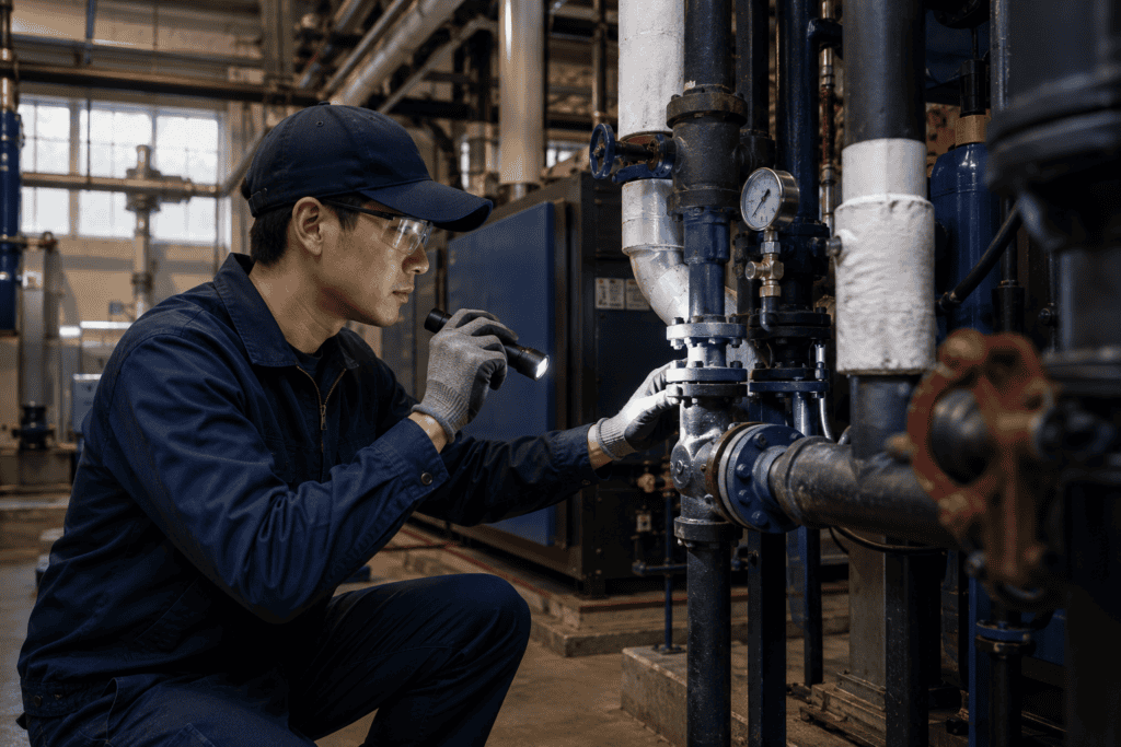 Technician in blue coveralls and gloves inspecting industrial piping with a flashlight in a factory setting