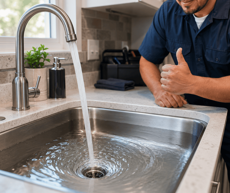 Kitchen sink draining properly after professional drain cleaning.